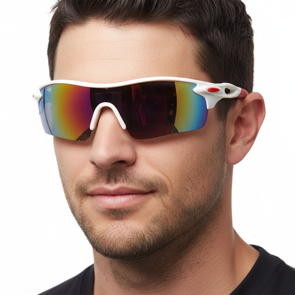 Retro Sport Shield Iridescent Sunglasses • White & Red Frames • Made in USA